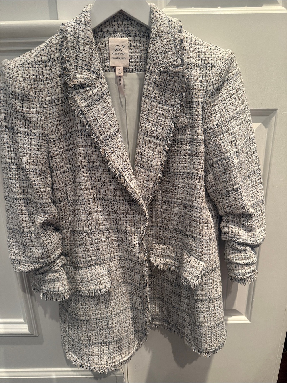 cinq a sept Cream and Gray Tweed Frayed-Edge Blazer